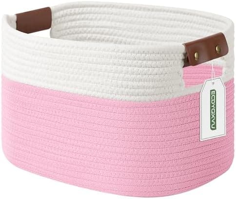 ECDYQXVU Cotton Rope Basket, Storage Baskets with Handle, 15x10x9 Inch Woven Basket for Shelves, Laundry, Towels, Clothes, Books (White/Pink 1Pack)