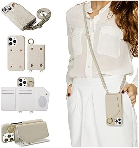 HANDODO Wallet Case Compatible with iPhone 14 Pro Max,Women Vegan Leather Detachable Crossbody Phone Case with RFID Blocking Card Holder Adjustable Strap Shockproof Kickstand Phone Wallet(Ivory)