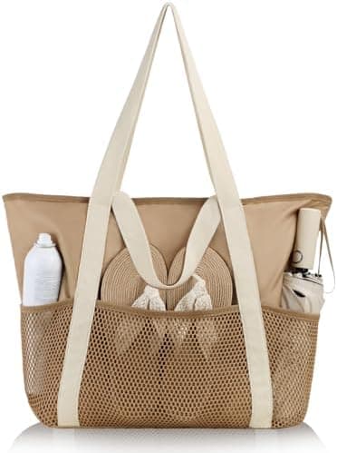 HOMESPON Beach Bag Large Waterproof Sandproof Tote for Women with Zipper and Mesh Pockets