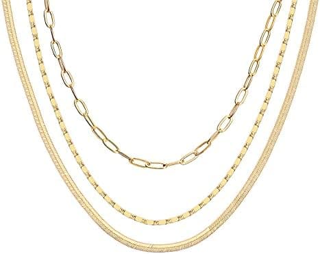 PAVOI 14K Gold Plated Dainty Layering Necklaces for Women | Snake Chain, Curb Link, Paperclip Layered Chains | Trendy Layering Necklace