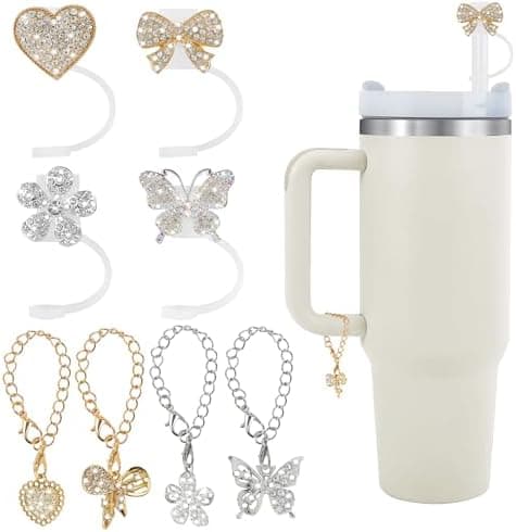 Odiwellan Straw Covers for Stanley Cup Accessories - 10mm 0.4" Straw Lids with Shiny Diamond Bows, Butterflies, and Flowers and Matching Chain Charms for 30 & 40oz tumblers with Handles（Gold & Silver)