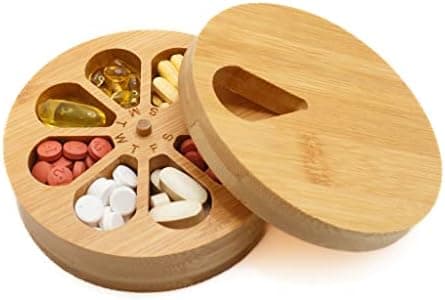Medicine Organizer Wood Daily Weekly, Travel Pill Organizer and Pill Holder, Vitamin Medicine Pill Organizer Case Box, Pill Box Day, Improved Design with Days of The Week and Solid Wood Lid