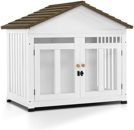MCombo Wooden Dog House Furniture, Solid Wood Pet Kennel Indoor for Small/Medium Dogs, JD54 (White and Brown, Medium)