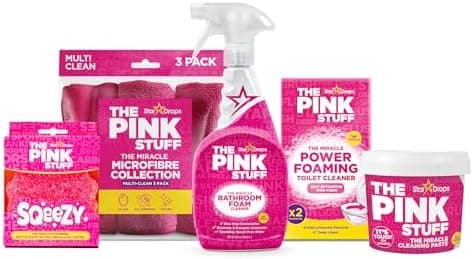 Stardrops - The Pink Stuff Bathroom Cleaning Kit – Cleaning Paste, Bathroom Foam Spray, Toilet Foaming Powder, SQeeZY Sponge & 3 Microfiber Cloths – Tough on Stains, Grease & Soap Scum