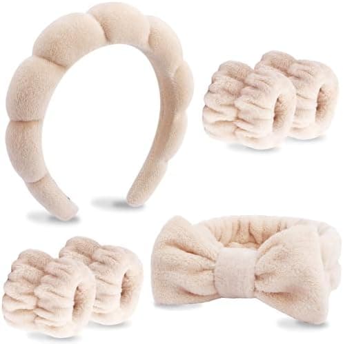 VELSCRUN 6 Pack Spa Headband, Makeup Headband, Face Wash Headbands, Skincare Headbands, Brown Sponge Hair Band Bow Tie Spa Head Band for Washing Face Wristband Set Hair Accessories for Women