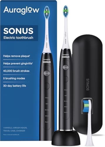 AURAGLOW Sonus Electric Toothbrush, 5 Cleaning Modes, 2 Brush Heads & Travel Case, 40,000 VPM Sonic Toothbrush & Wireless Charging, 30-Day Battery Life with Smart Timer, Blue