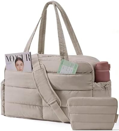 BAGSMART Gym Bag for Women, Lightweight Puffer Duffle Bag 2-PC Travel Bag, 31L Weekender Overnight Bag Quilted Carry On Tote Bag, Diaper Hospital Dance bag for Travel, Gym, Water Resistant, Camel
