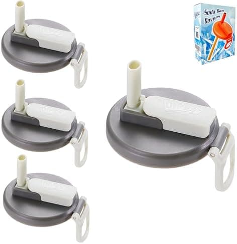 DIPESI 4 Pack Reusable Soda Can Lids with Silicone Straws – BPA-Free, Airtight Seal, Spill-Proof, Easy to Use, Fits Standard 12oz & 16oz Cans(Gray_white)