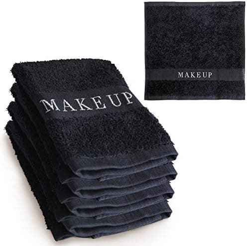 The Little Black Towel Makeup Remover Cloth - Luxury Washcloths for Gentle Face Wash, Removing Eye Liner, Mascara, plus Foundation Eraser. Bleach Resistant, Soft Jacquard Lettering, Pack of 4