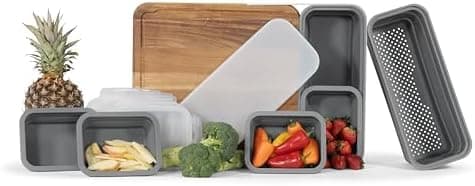 TidyBoard Meal Prep System Starter - Over-the-Sink Smart Chopping Board with 1 Large Strainer, Tubs, & Lids - 1” Thick Acacia Wood Cutting Board with Containers & Strainer, 12 pieces