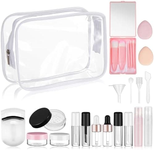 Maxdot 20 Pack Travel Makeup Containers Set Mini Makeup Brush Empty Bottles Kit with Finger Puff Spatulas Leak Proof Refillable Cosmetic Accessories for Liquid Toiletries Skincare Shampoo Mascara
