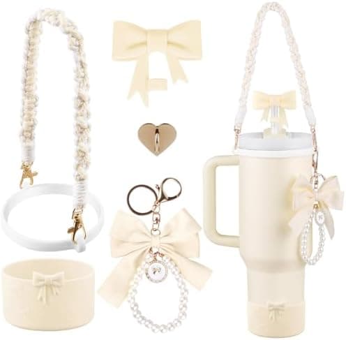 Stanley Cup Accessories Set for 40oz & 30oz,0.4in Silicone Straw Cover, Cute Charm,Handle Strap,Cup Ring,Plush Pendant,Stanley Boot,Heart Buttons for Tumbler (White)