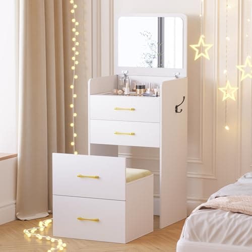 Gurexl 3 in 1 Vanity Desk with Flip Top Mirror for Bedroom,Small Compact Vanity with Visible Glass Desktop for Cloakroom,Makeup Vanity Set with 3 Drawers,Cushioned Stool,Dressing Table,White