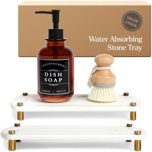 2PCS Water Absorbing Stone Soap Tray for Kitchen Bathroom Sink, Quick Dry Diatomaceous Earth Drying Rack and Shower Caddy, Soap Dispenser and Sponge Holder Organizer for Countertop, TWINKLE MOMENT; Pure White