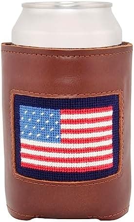 Needlepoint and Full Grain Leather Can Coolers (American Flag)
