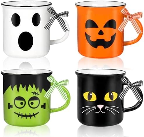 Whaline 4Pcs Halloween Mini Mugs with Plaid Ribbon Cat Monster Ghost Pumpkin Mini Coffee Mug Halloween Party Cups for Table Centerpieces Tiered Tray Decor Gifts