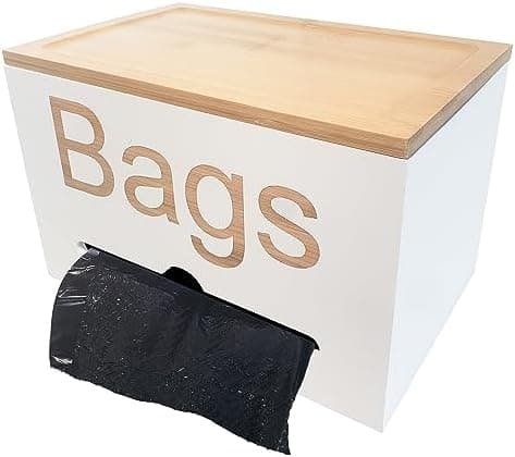 AMGOYA Bamboo Trash Bag Holder - Stylish Wall-Mounted Dispenser with Magnetic Lid, Large Capacity for 100+ Bags, Under Sink Garbage Bag Organizer with Anti-Slip Pads - White