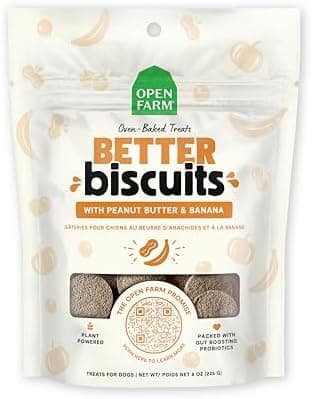 Open Farm Better Biscuits, Oven Baked Dog Treats with Probiotics, Peanut Butter & Banana Recipe, 8oz Pouch