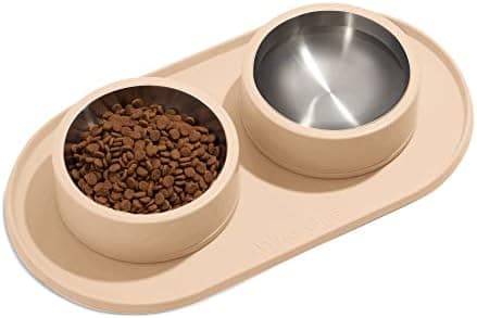 Wild One - Mealtime Kit - Non-Toxic, Non-Slip Placemat with Two Stainless Steel Bowls - Small (Tan)