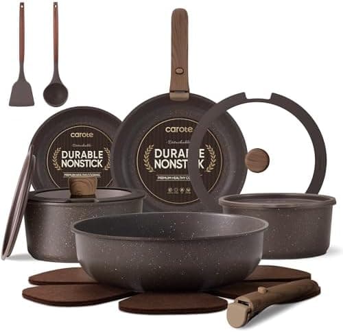 CAROTE 17PCS Pots and Pans Set Non Stick with Detachable Handle, Nonstick Cookware Sets, Cooking Kitchen Set, Oven/Dishwasher Safe, Induction Cookware, Brown, RV Kitchen Pot and Pan