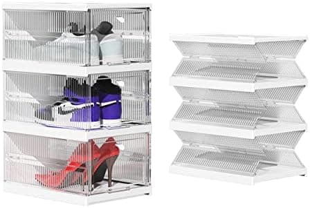 Shoe Boxes, Shoe Storage Boxes Clear Shoe Boxes Stackable Solid Plastic Not Flimsy Easy Installation- All-in-One Shoe Box with Doors 3 Tier Foldable Shoe Rack for Closet Sneaker Containers Bins