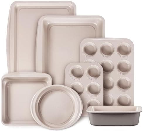 CAROTE 7-Piece Nonstick Stackable Baking Pans Set - Bakeware Sets Including Cookie Sheets for Baking, Muffin Pan, Bread Pan, Cake pan, Loaf Pan, Roasting Pan, Gray & Khaki