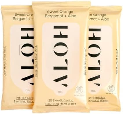 ALŌH Sweet Orange Bergamot + Aloe Sanitizing Hand Wipes - Clean Hands, Clear Mind - On The Go Hand Sanitizing Wipes for Kids and Adults - Travel Size 3 Pack 20ct Wipes (60 wipes)