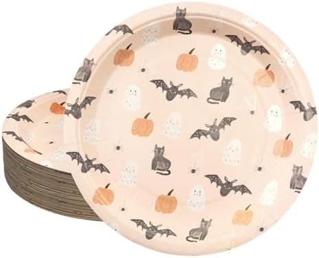 Cheerland Halloween Paper Plates Disposable Cute Pumpkin Bat Ghost Party Plates for Pastel Halloween Decoration Kids Birthday Baby Shower and Spooky Summerween Party Decorations 7 Inch Pack of 24