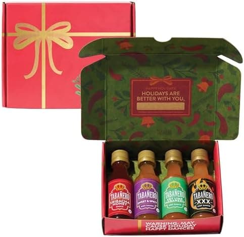 Tabañero Mini Hot Sauce Gift Set, Holiday Gift Box with Sriracha Honey, Sweet and Spicy, Key Lime and XXX Flavors, 4-Pack, 1.7oz Hot Sauce Bottles, All Natural, Gluten Free, Low Sodium, Kosher, Made in the USA, Easter Gifts for Men