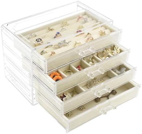 Weiai Acrylic Jewelry Organizer, Clear Jewelry Box with 4 Drawers, Jewelry Case Storage for Women (Beige)