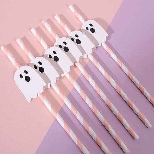 Pink Halloween Ghost Paper Straws - 12PCS Pink Ghost Straws, Cute Halloween Party Supplies, Halloween Birthday Party Decoration, Spooky One Two Spooky Birthday Supplies