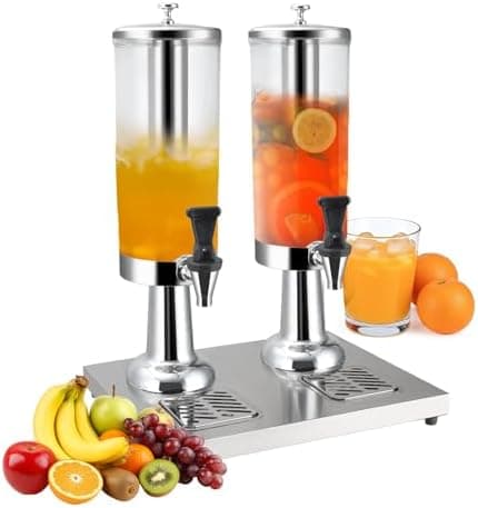 WELKOR Hot and Cold Beverage Dispenser with Stand, 1.58 Gallon All-in-One Commercial Drink Dispenser with Ice Core&Stainless Steel Drip Trays for Parties, Beer Bar, Coffee (2 Head-1.58 GAL, SILVER)