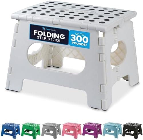 Handy Laundry Folding Lightweight Step Stool - Sturdy Enough to Support Adults and Safe Enough for Kids - Opens Easy with One Flip - Great for Kitchen, Bathroom or Bedroom (White - 9 Inch)
