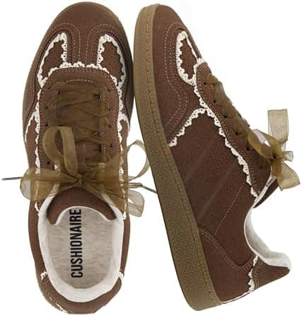 CUSHIONAIRE Belinda Women’s Lace Detail Casual Sneakers – Elegant Ribbon Lace-Up Shoes with Memory Foam
