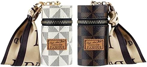 Adorila 2-Pack Zippered Lipstick Case Keychain with Scarf Charm, Mini Vegan Leather Lip Gloss Pouch for Purse (Brown+White)