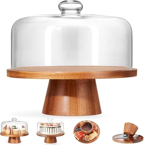 VIVIRBIEN Wooden Cake Stand with Lid, Acacia Cake Stand with Glass Dome, 11-Inch Versatile Dessert Stand with Strong Magnetic Pedestal, Cake Holder for Birthday/Kitchen/Party/Charcuterie
