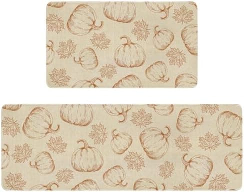 Fuoxowk Fall Kitchen Rugs Set of 2,Orange Pumpkin Maple Leaves Autumn Thanksgiving Farmhouse Floor Mats and Rugs Non Skid Washable for Kitchen Home Decor (17""x47""+17""x30"")