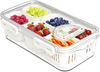 MineSign Divided Food Serving Tray with Lids Stackable Snackle Box for Candy Nuts Spice Fruit&Veggie Container with 6 Small Dividers Plastic Storage Bins for Fridge Pantry Freezer
