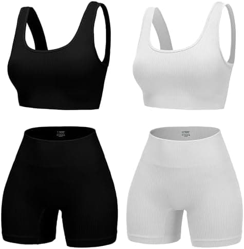 YWBIN 4 Piece Workout Sets for Women Seamless Ribbed High Waist Yoga shorts with Sports Bra Outfits