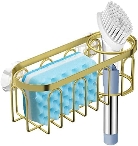 Yazoni 2-in-1 Sponge Holder for Kitchen Sink, Sink Caddy Kitchen Sink Organizer with 3 Suction Cups, No Drill Rustproof Sink Sponge Holder for Dish Brush, Soap & Sponge (Gold)