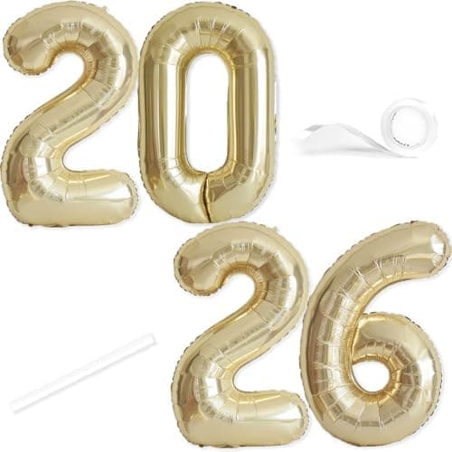 40 Inch Number 2026 Balloons Champagne Gold, Giant Foil Mylar Helium Balloons for 2026 New Years Party Decorations New Years Eve Party Supplies Decoracion De Año Nuevo 2026 Graduation | Champagne Gold