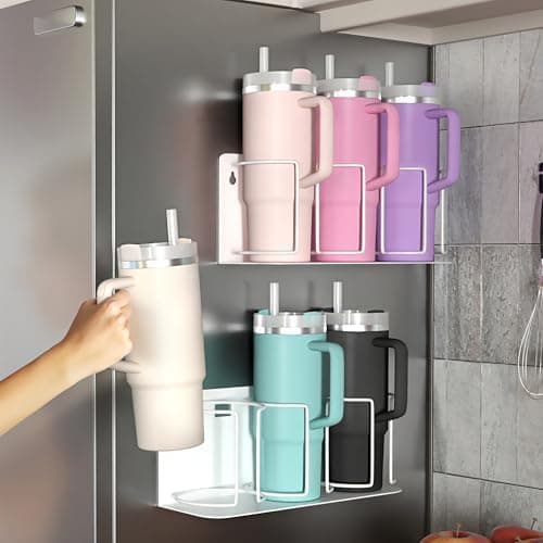 Sorbus Stanley Cup Organizer – 3-Cup Holder for Cabinet, Fridge, or Wall – Magnetic or Screw Mount – Stanley Storage Organizer for 20oz 30oz 40oz Cups, Tumblers, and Water Bottles (White 2-Pack)