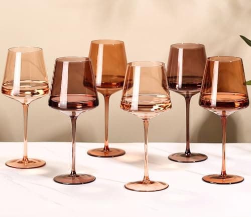 Cyrelwing Brown Wine Glasses Set of 6-18oz【Hand Blown】 Crystal Amber Stemmed Venus Wine Glasses-Brown Wine Glass set for Fall Autumn Winter Wine Dinner