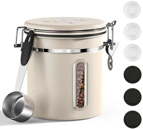 ShanSon Coffee Canister Airtight Coffee Container Stainless Steel Coffee Bean Storage Container with Scoop and See Through Window Coffee Canister for Beans Grounds Sugar Flour Tea Cereal,16OZ,Beige