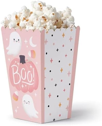 Big Dot of Happiness Pastel Halloween - Pink Pumpkin Party Favor Popcorn Treat Boxes - Set of 12