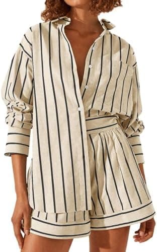Tankaneo Womens 2 Piece Outfits Striped Long Sleeve Button Down Collared Shirt Matching Shorts Sets