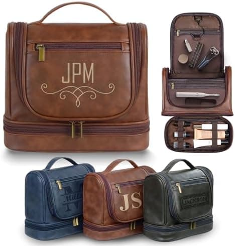 Personalized Hanging Toiletry Bag for Men, Large Capacity PU Leather Vintage Color Travel Dopp Kit, Gifts for Dad Husband Boyfriend Groomsmen, Engraved Custom Name, Birthday Xmas Wedding (Syle 4)