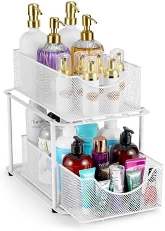 Sorbus 2 Tier Under Sink Bathroom Organizers and Storage, Strong Steel Mesh Sliding Drawers for Enhanced Bathroom Storage Ideal Bathroom Organization and Storage & Under Kitchen Sink Organizer (White)
