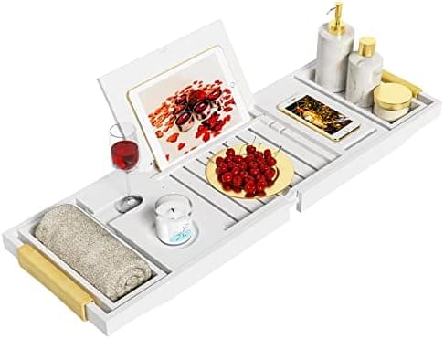 Bathtub Tray Luxury Bathtub Caddy, Expandable Bath Tray with Leather Grip, Adjustable 1 or 2 Person Bath Table Bed Tray with Slots for book Phone holder, Bamboo Bathroom Organizer & Accessories, White