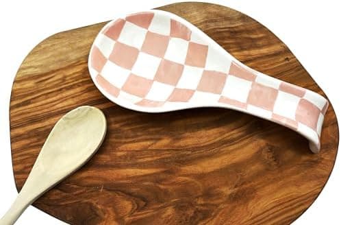 Checkered Spoon Rest for Kitchen Counter - Cooking Spoon Holder for Stove Top - Large Utensil Spatula Spoon Rest - Cute Kitchen Gadgets Gift for Housewarmings - Distressed Checkerboard Pink and White